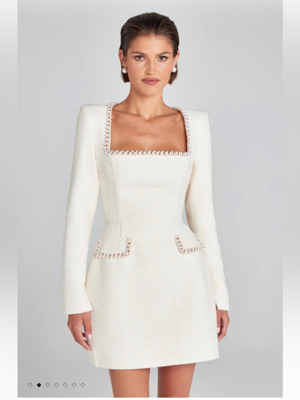 New Nadine Merabi Natalie Pearl Trim Square Neck Long Sleeve Dress In Ivory